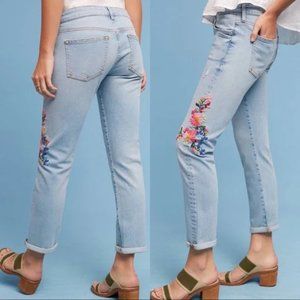Anthropologie Light Blue Straight Leg Jeans with Floral Embroidery